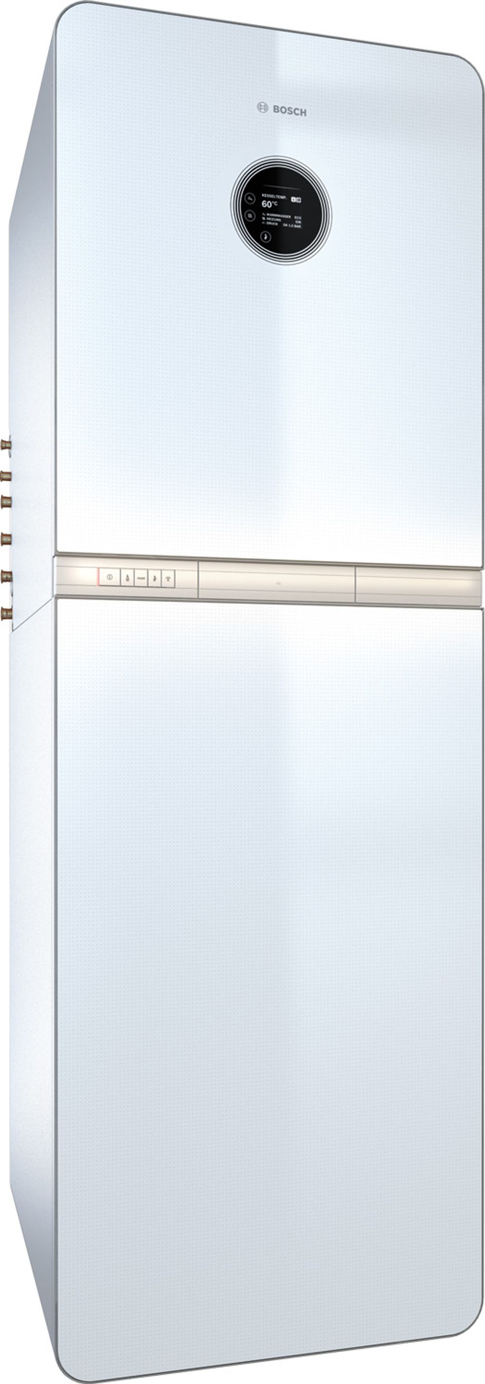 Weißer Kühlschrank von Bosch mit digitalem Bedienfeld und mehreren Tasten zur Temperatureinstellung. Vertical design mit zwei Fächern für Kühlung und Gefrierung.